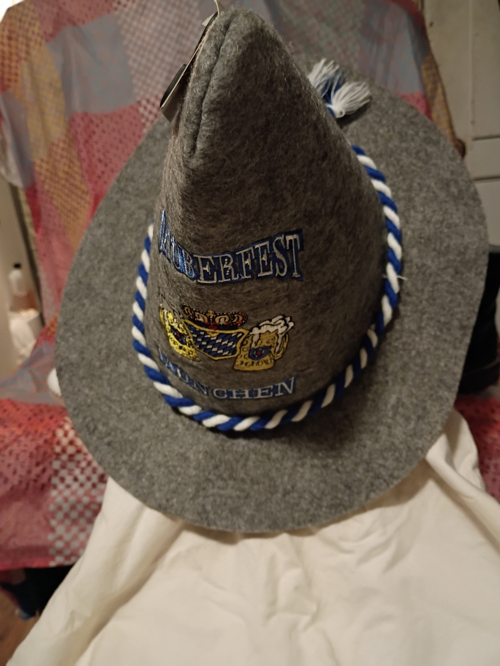 Grey Oktoberfest Felt Alpine Hat with Blue-White Cord